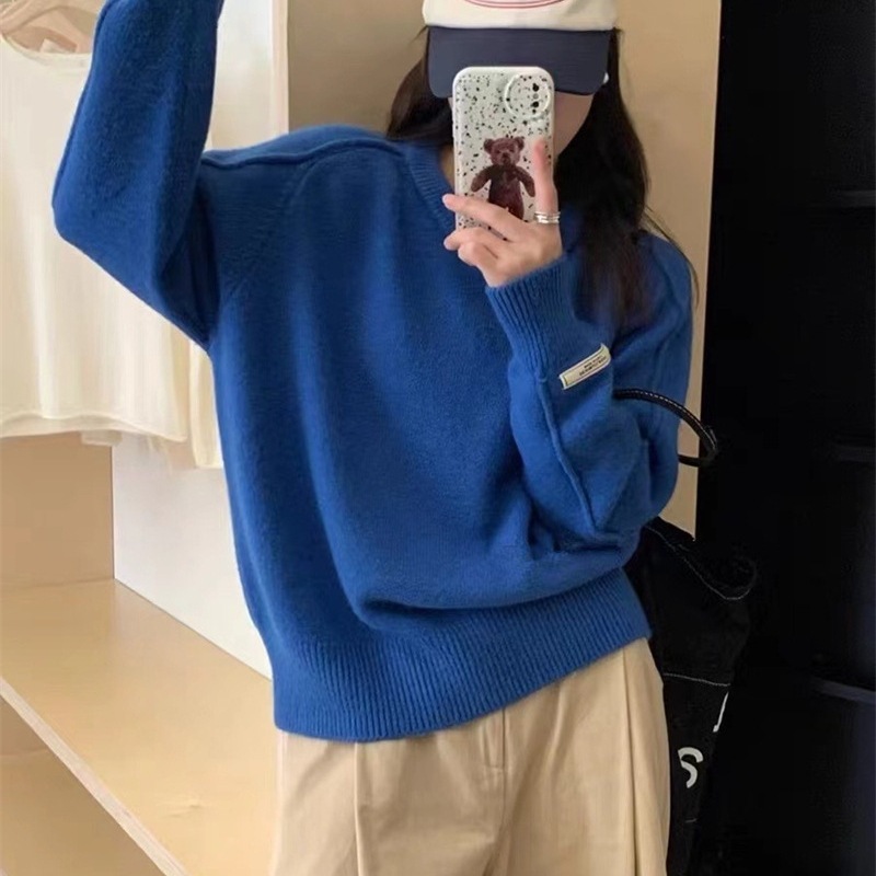 韩版秋冬新款圆领袖口贴标设计宽松学院风毛衣女套头针织衫上衣女|undefined