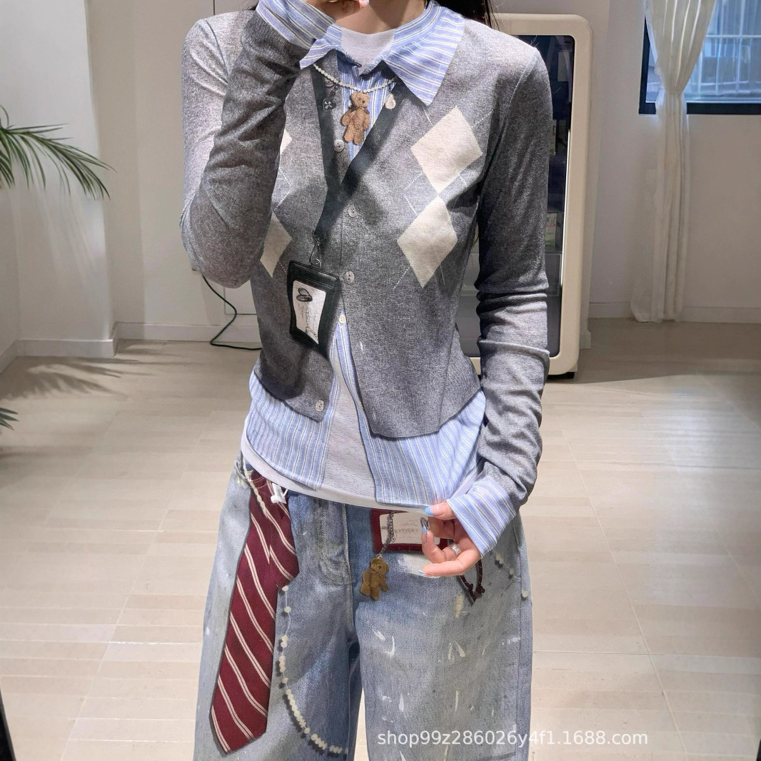 南油品质25早秋设计师趣味假两件3D印花工牌菱格打底衫女上衣T恤