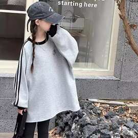 女童春秋打底衫2026洋气女大童中长款圆领卫衣裙T恤潮流条纹上衣