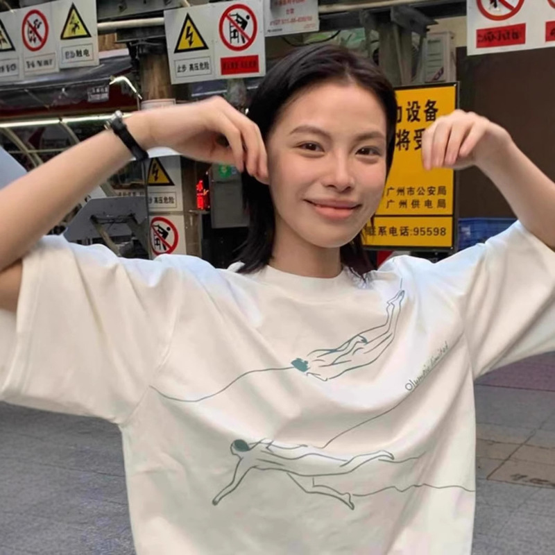 Plus-Size White Short-Sleeve T-Shirt for Women, Loose Fit, Slimming, Casual, Versatile, American Retro Style, Swimming, Pure Cotton, Large Size Top, Trendy