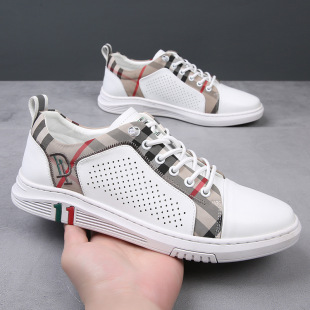 Sandals Men's Genuine Leather Trendy Casual Hollow White Shoes Men's Summer Breathable Crocs Men's White Leather Shoes