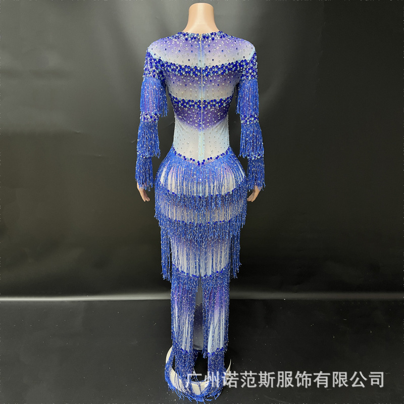 轻奢优雅水钻细闪流苏渐变网纱长裙红毯走秀歌手宴会俱乐部晚礼服|undefined