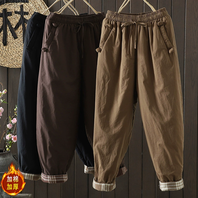 Фото реальных образцов зимних винтажных брюк 2025 года с хлопковым утеплителем, эластичным поясом, зауженные брюки-шаровары, теплые и утолщенные повседневные длинные брюки.