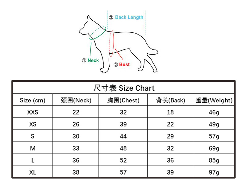 宠物服装尺寸表
