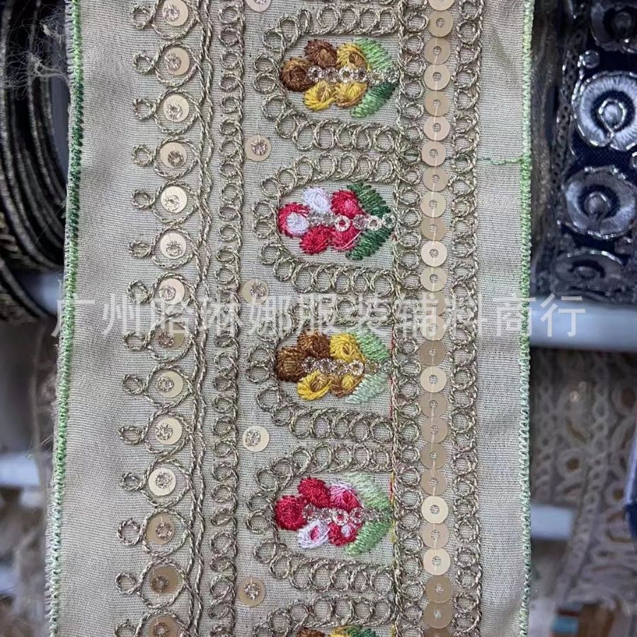 跨境外贸民族风刺绣双叠片金股绳亮片织带 傣族异域风情服装辅料