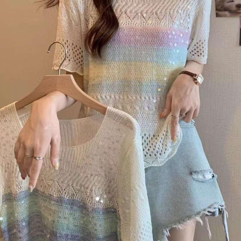 Hollow-out sequin knit top for women, new 2026 spring-summer season, loose-fitting short-sleeve top, trendy light purple Korean-style cover-up