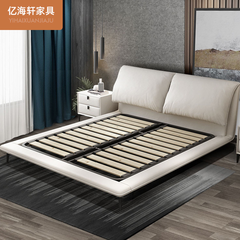 Moderno simple de lujo cama de cuero real 1,5 m cama doble 2,2 m dormitorio principal cama de boda italiano minimalista pequeño apartamento muebles