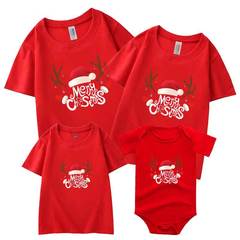 2025年新年親子服半袖tシャツ全装一家三四口クリスマス鹿頭元日イベント服装