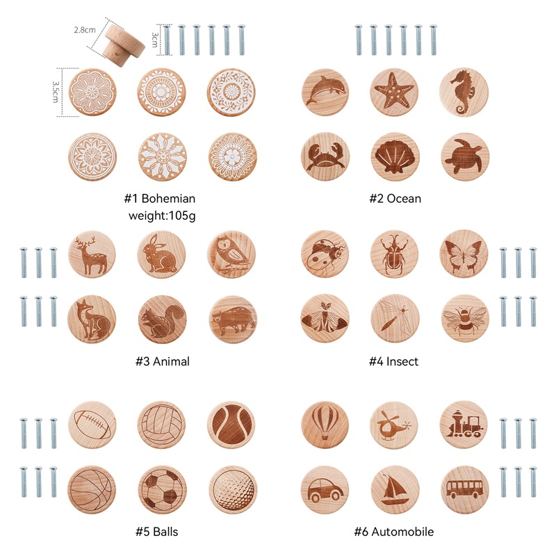 Amazon Cross-border retro animal impresión cajón manija madera mejoras para el hogar accesorios escritorio cajón juego de perillas