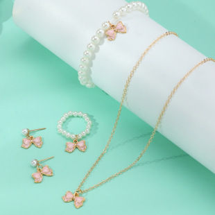 Children's Necklace Butterfly Accessories Girls Pearl Bracelet Ring Earrings Set Girls Baby Accessories Wholesale Spot