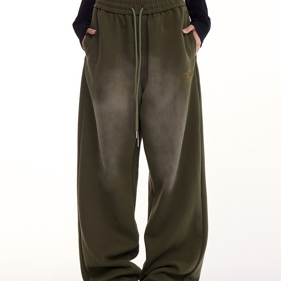 设计感绿色裤子女美式高街运动裤束脚复古嘻哈爵士舞直筒休闲裤子