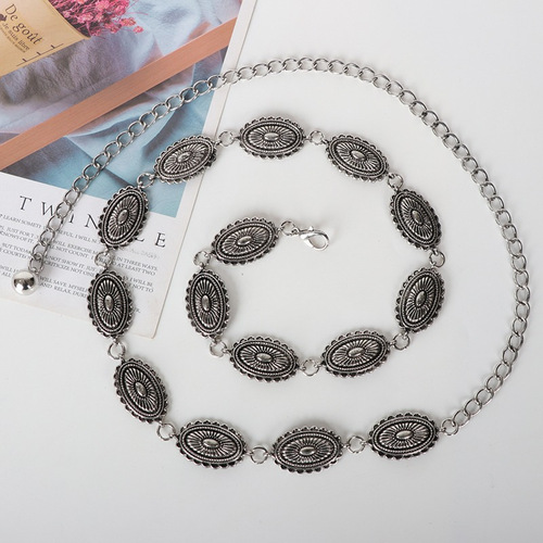 Retro ethnic style carved ancient silver chain metal waist chain hot girl skirt pants decorative belt