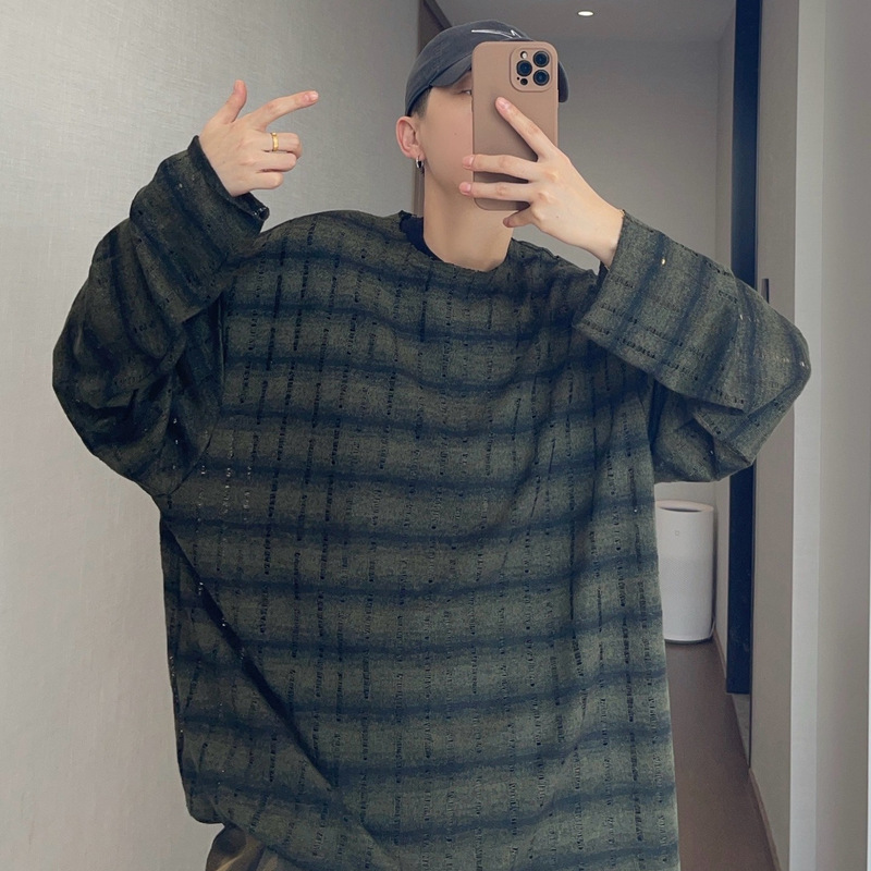 2026 Youth Spring/Summer Gradient Vertical Striped Loose Fit Distressed Semi-Sheer Thin Long Sleeve T-Shirt with Frayed Edges for Men