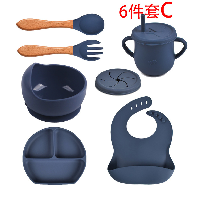 スポット分格子供食器ベビー吸盤シリコンボウル赤ちゃんスプーンストロー一体式シリコン皿|undefined