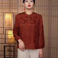 2026新款新中式时尚国风提花真丝上衣女圆领长袖妈妈装洋气显瘦衬