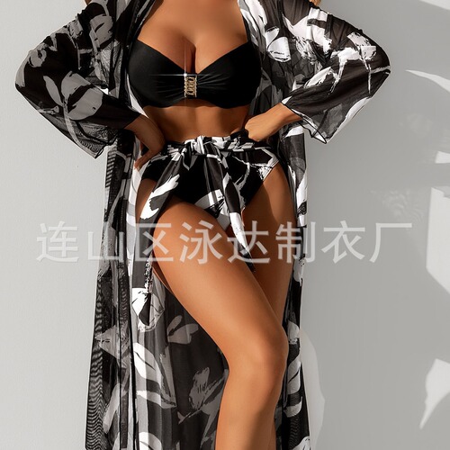  European and American foreign trade swimwear women's split three-piece long-sleeved mesh blouse cross-border bikini print set