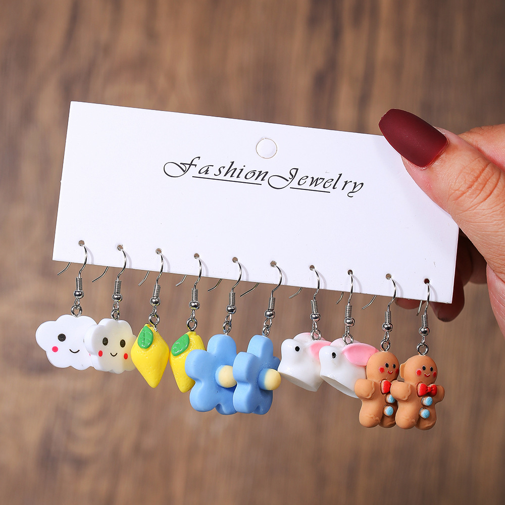 Combinación de pendientes de acrílico de resina de venta caliente de Amazon transfronterizo verano diversión fruta animal pequeño 5 pares de pendientes