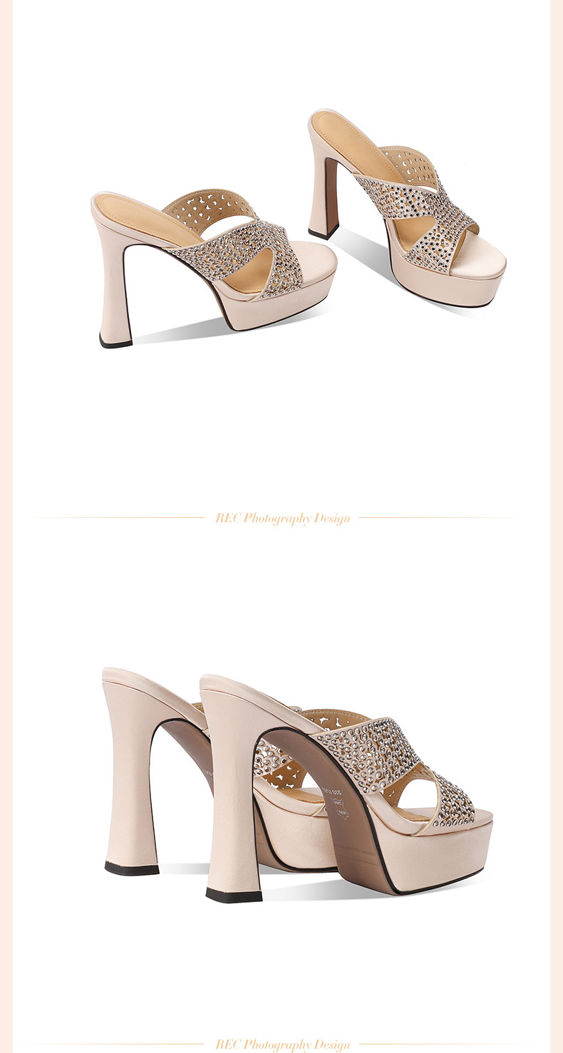 Sandal cao gót nữ hở mũi đế dày đính đá lấp lánh — Màu sâm panh chi tiết 5