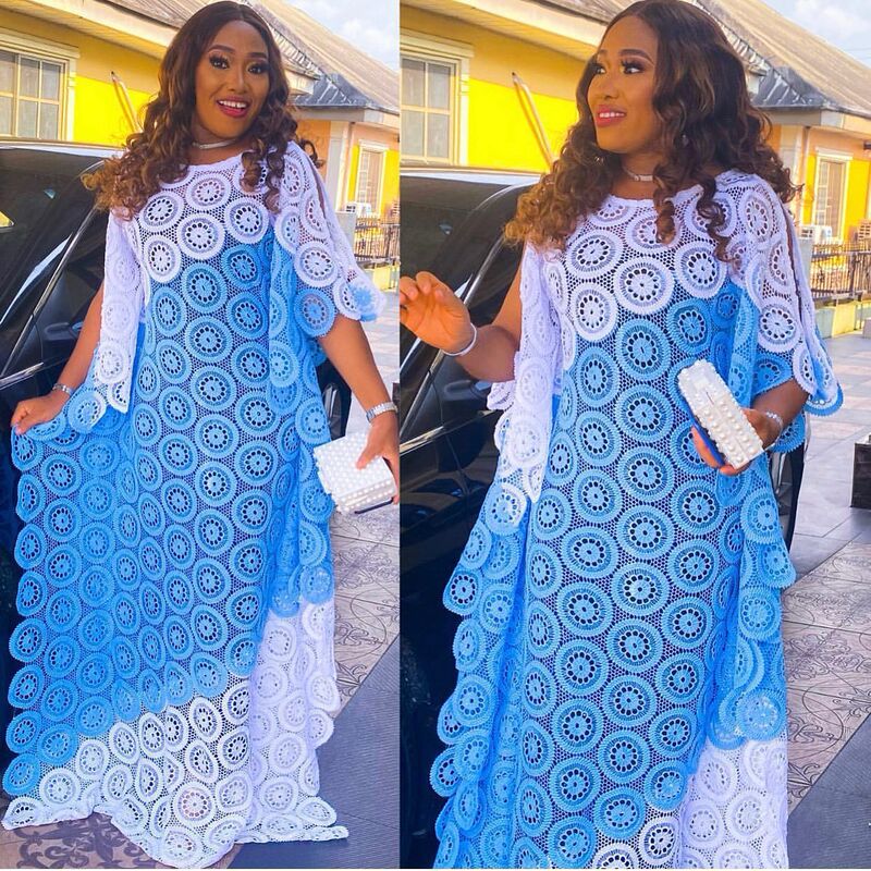 African Style Foreign Trade Large Size Women's Clothing Fashion Embroidered Lace Color Contrast Stitching Loose Bat Sleeve Robe Dress
