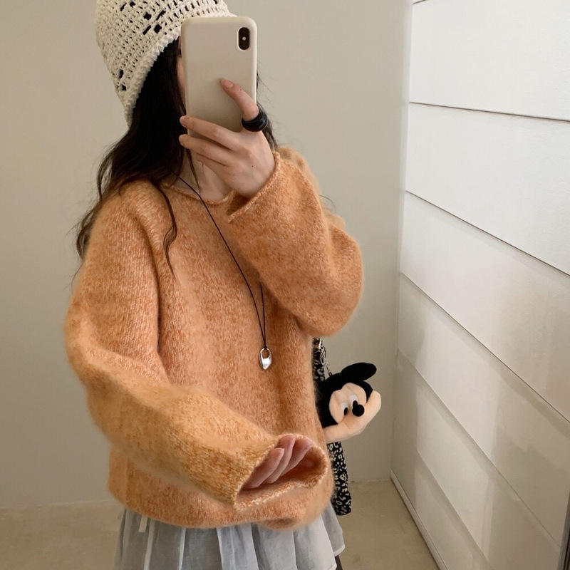 Marshmallow Wool Brushed Floral Yarn Autumn Sweater New Lazy Style Rolled Edge Brushed Floral Yarn Round Neck Warm Cover