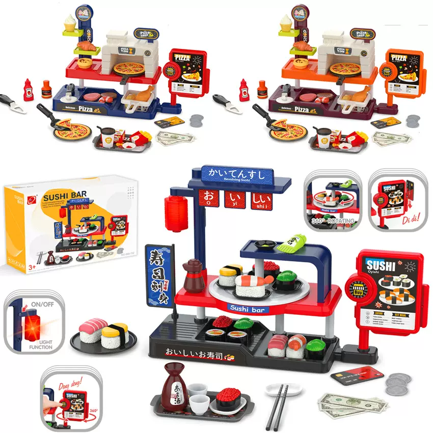 跨境儿童仿真迷你寿司披萨套装超市台刷卡收银购物烧烤过家家玩具