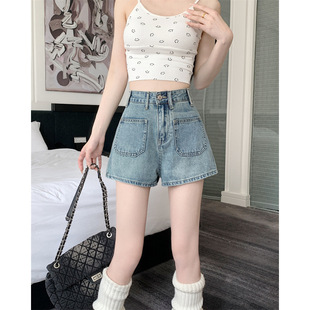 2025 New Summer Style Loose Design Niche Retro Wide-Leg High-Waisted Denim Shorts Light Blue Denim