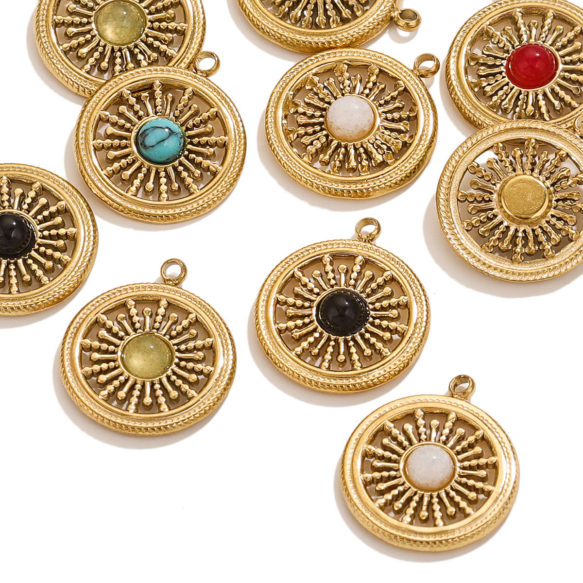 Retro simple de acero inoxidable piedra natural turquesa colgante circular con collar pendientes DIY colgante transfronterizo