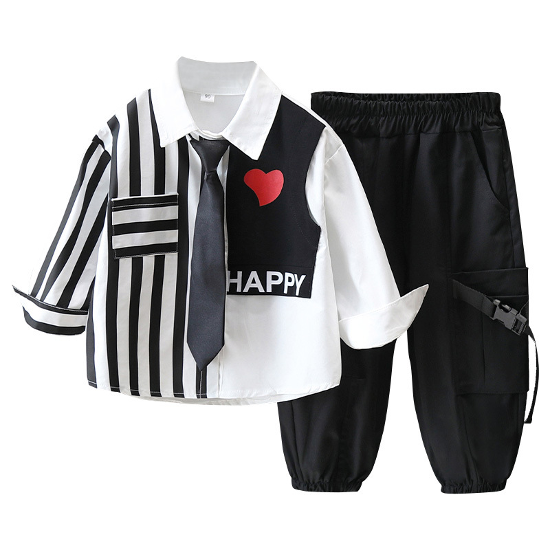 5918 traje de camisa para niños 2025 primavera y otoño nuevo estilo camisa de costura a rayas para niños traje de dos piezas de otoño para niños