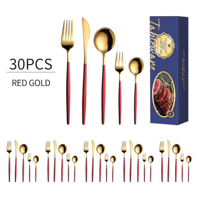 Amazon cubiertos de acero inoxidable transfronterizos set 30 piezas brillante cuchillo y tenedor portugués cuchillo y tenedor de filete de restaurante occidental cuchara