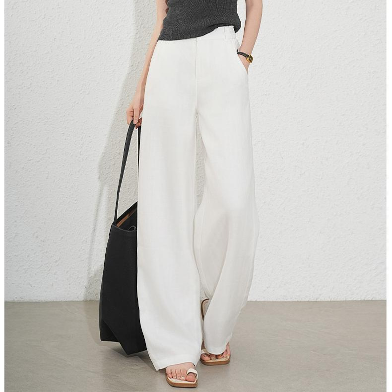 White Linen Wide-Leg Pants for Women, Summer 2025, High-Waisted, Drapey, Slim-Fit, Straight-Leg Casual Pants That Make Legs Look Longer