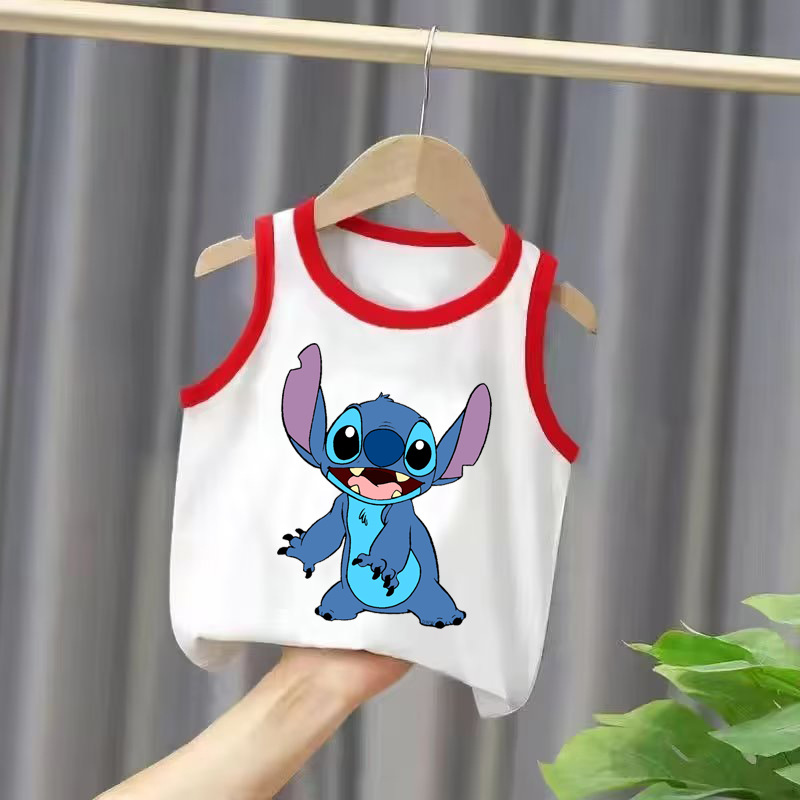 New 2024 Summer Round Neck Backless Top with Cartoon Pattern Stitch for Boys and Girls, Sleeveless Cardigan-style Top