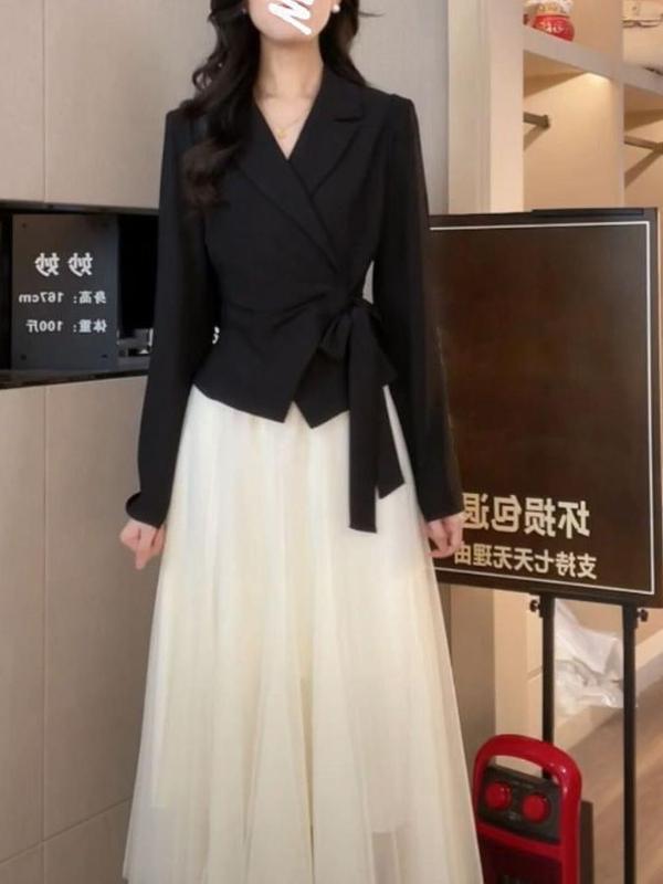 2025新款气质夏季西装感上衣超仙的半身网纱裙两件套套装女氨纶|undefined