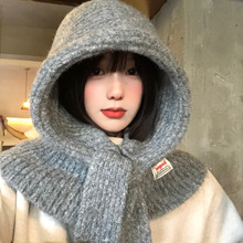 灰色巴拉克拉法帽女秋冬季针织帽子围脖一体大头围保暖护耳毛线帽