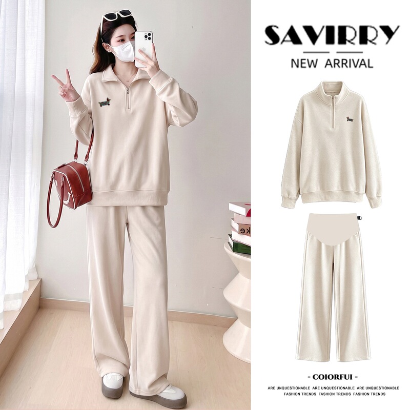Stylish new spring and autumn maternity set, including a sweatshirt and sweatpants, suitable for prenatal check-ups, gray color, made of cotton, with tags