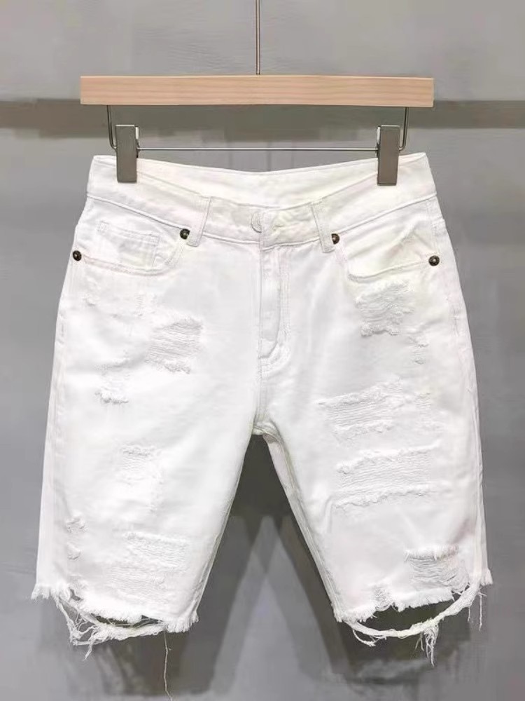 Women's High-Waisted White Denim Shorts Straight Leg Loose Fit Ripped Mid-Length Trendy Summer Style Casual Thin_mkmklike.com