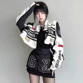 情侣可拆卸机车棒球服外套女秋季薄vintage美式复古赛车辣妹套装