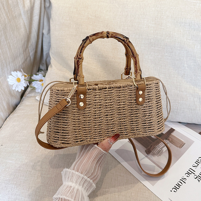Storage Basket Bag, Rattan Handbag, Woven Shoulder Bag, Handmade Natural Rattan & Seagrass, Leather Trim, Eco-Friendly, Lightweight, Durable For Daily_voghion.com