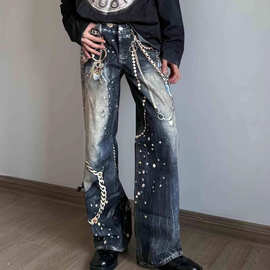 潮牌26ss高版本AC同款3D字母印花黑金链子立体视觉复古百搭牛仔裤