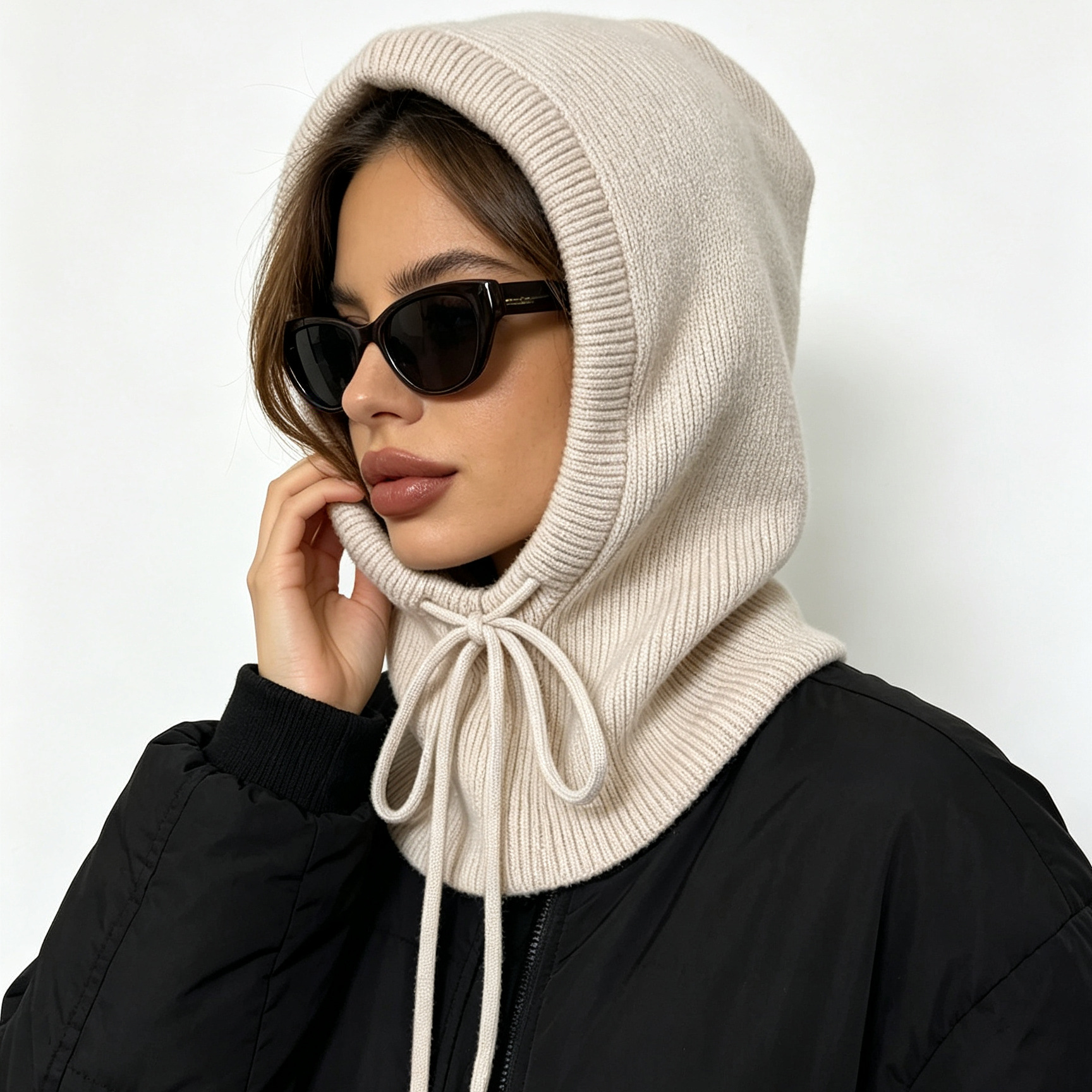 Cross-border drawstring knitted one-piece hat for women, balaclava hood, autumn and winter windproof neck warmer, hooded neck scarf, woolen hat