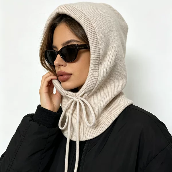 Cross-border drawstring knitted one-piece hat for women, balaclava hood, autumn and winter windproof neck warmer, hooded neck scarf, woolen hat