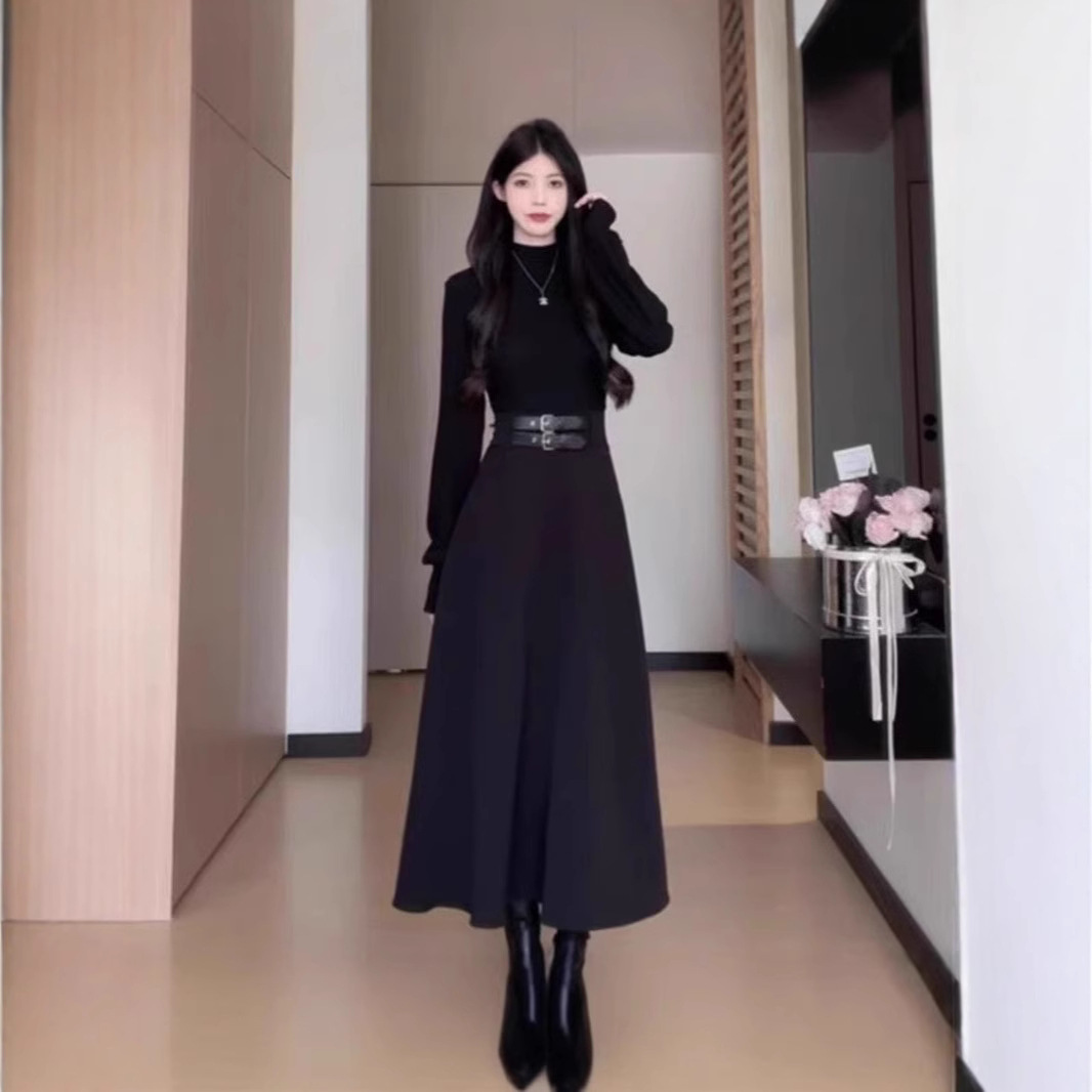 검은 색 하이 엔드 긴팔 원피스 어린이 가을과 겨울 스파이스 소녀 순수한 욕망 작은 코트 베이스 롱 스커트