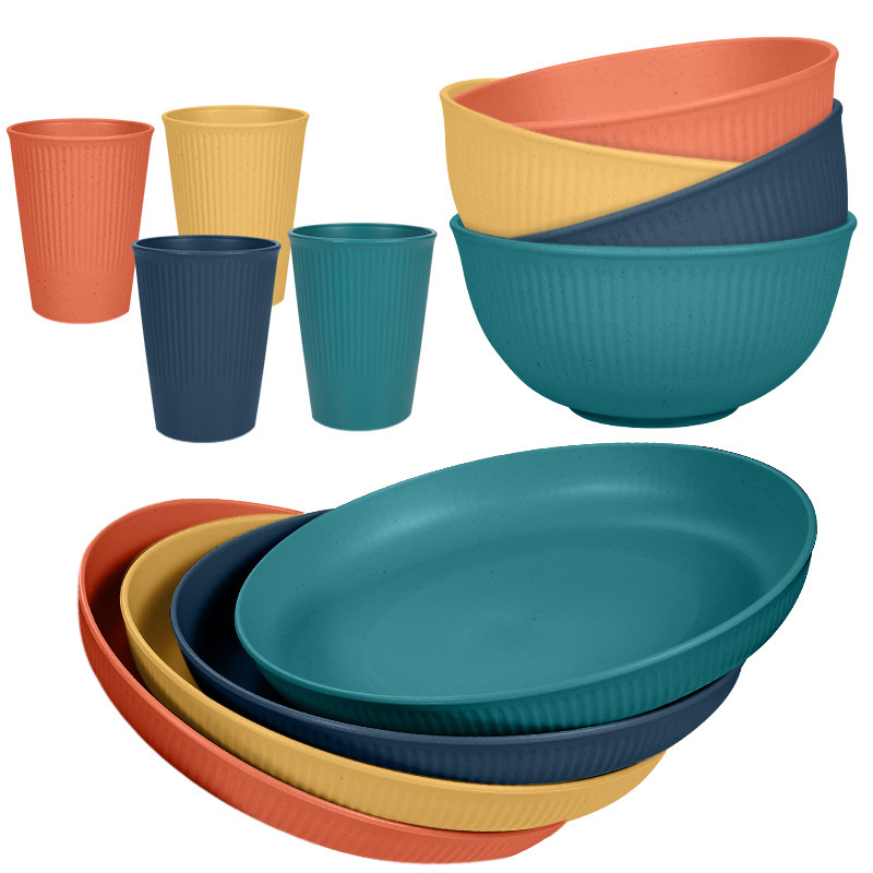 Amazon Cross-border Supply Wheat Straw Dinner Plate Salad Bowl Water Cup Household 12PCS Plate Bowl Cup Tableware suit