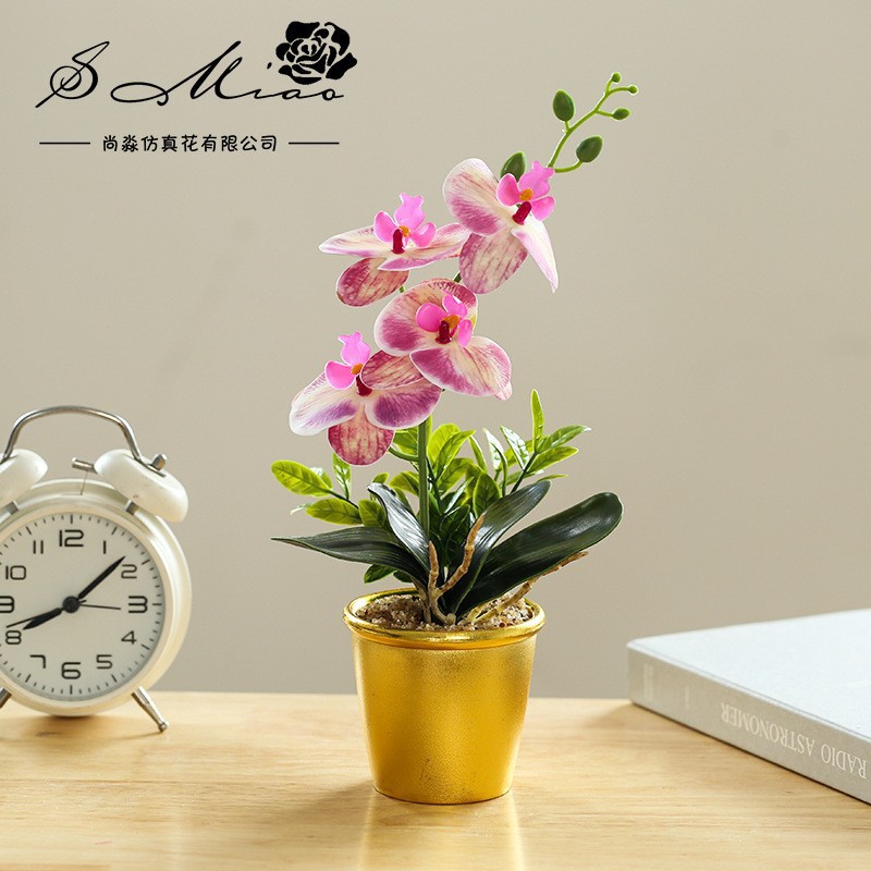 Orquídea de mariposa de tres cabezas de flores falsas bonsai estilo nórdico decoración interior flores artificiales imitación de maceta image 5
