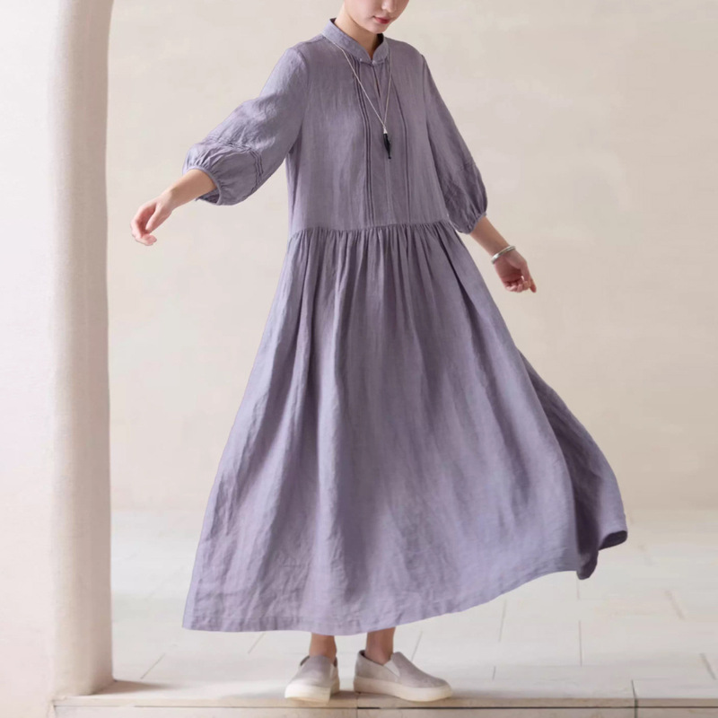 2025 New Autum Stand-Up Collar Pullover Loose Lace-Up Waist Slim Dress Retro Hemp Pure Color Pleated Long Skirt 2025 New Autum Stand-Up Collar Pullover Loose Lace-Up Waist Slim Dress Retro Hemp Pure Color Pleated Long Skirt