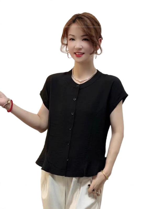 夏季新款时尚气质衬衫女宽松显瘦圆领短袖上衣百搭休闲高档T恤小|undefined
