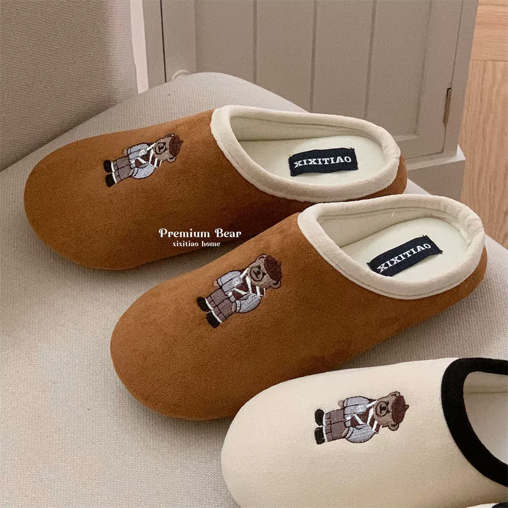 Личность ins вышивка медведь хлопчатобумажные льняные тапочки мужские дамы Баотоу пара весной и летом дома тихая луна пол туфли
