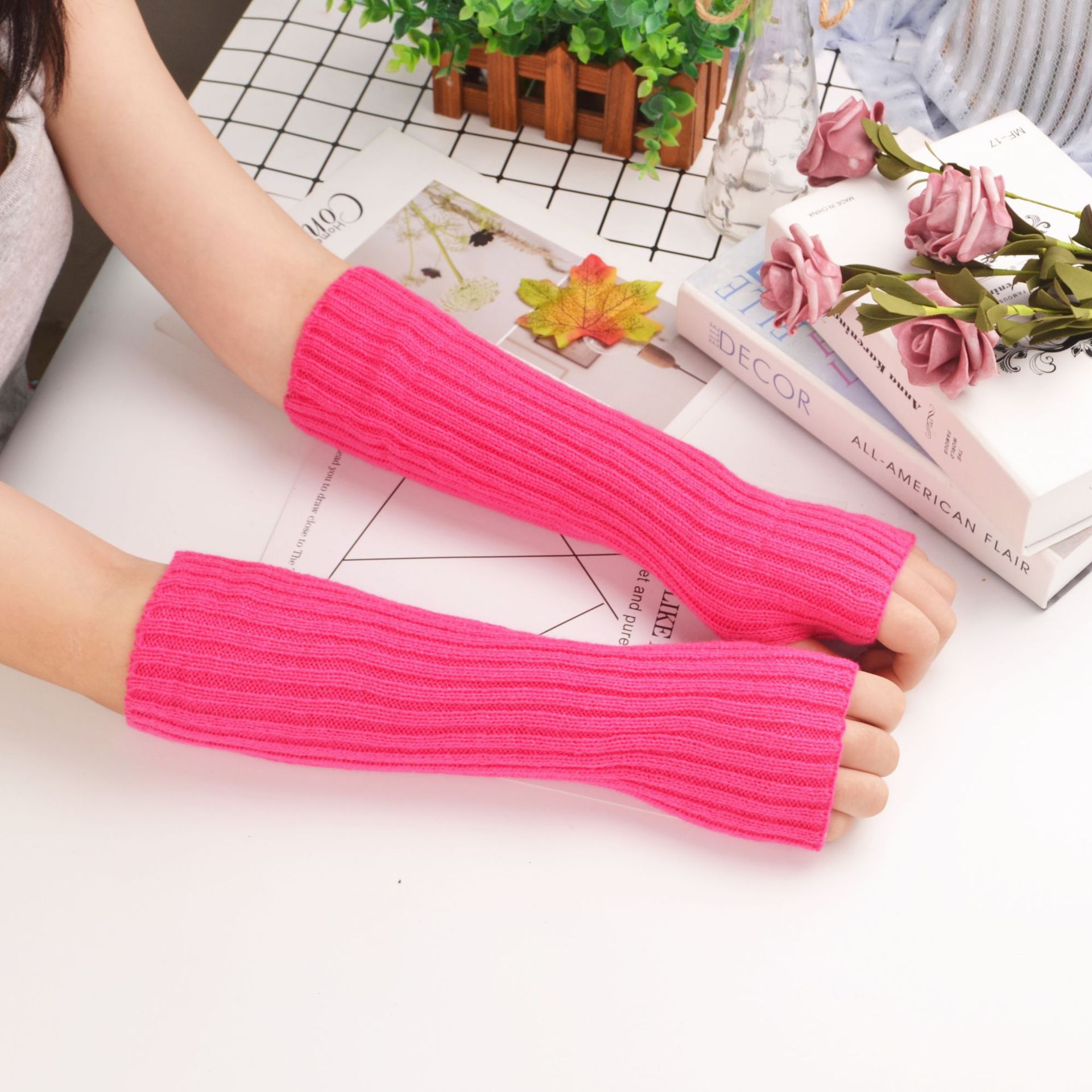 Solid Color Sun Protection Mid-Length Sleeve Set for Spring and Autumn, Flat Knit Korean Style Outdoor Ins Arm Personalized Fluorescent Black