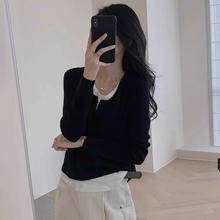 设计感韩系不规则下摆假两件v领针织衫打底衫女2025新款秋装上衣