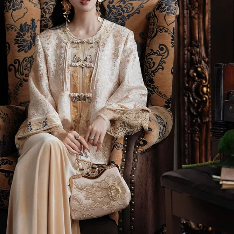 Кружевной жакет, юбка, китайский стиль, с вышивкой, стиль Chanel
