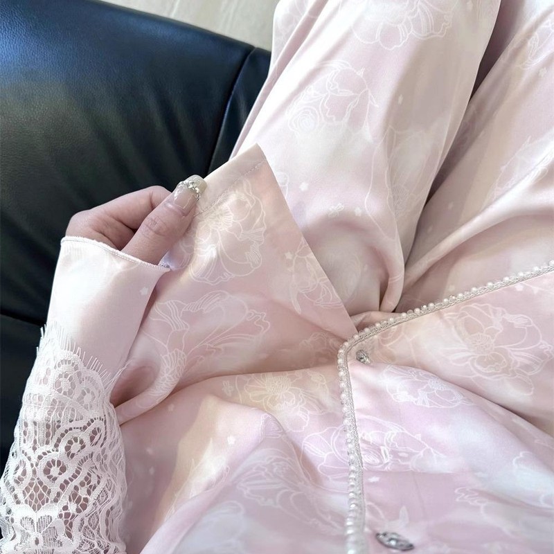 温柔风高级感冰丝绸开衫睡衣女春秋2025新款蕾丝长裤套装家居服女|undefined